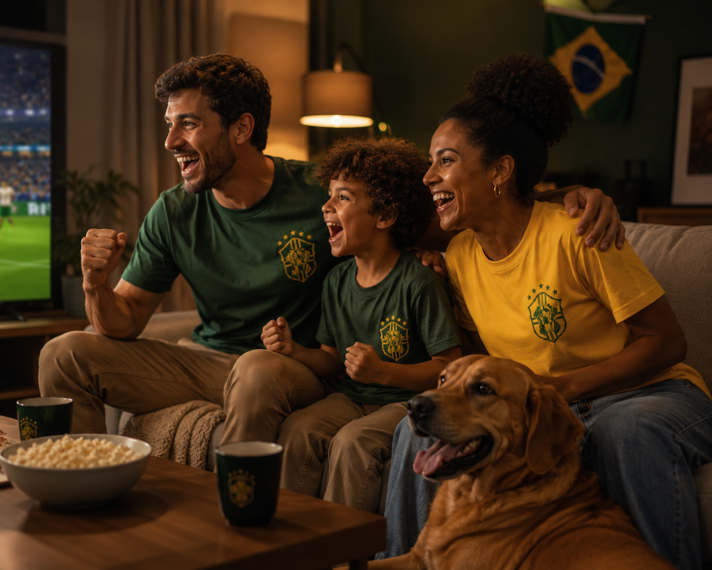 Família usando camisetas PattaMansa assistindo ao jogo com cachorro caramelo